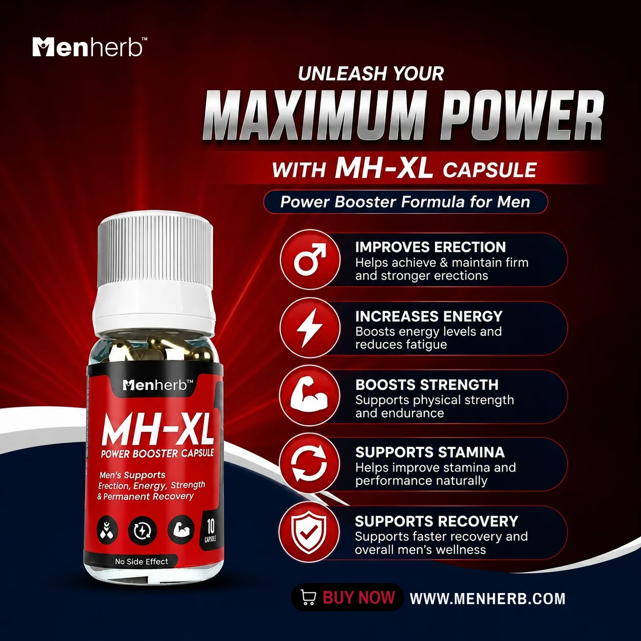 Menherb MH XL Male Wellness Formula for Energy Strength and Stamina MH XL Mens Power and Performance Support Capsules 10 Capsules